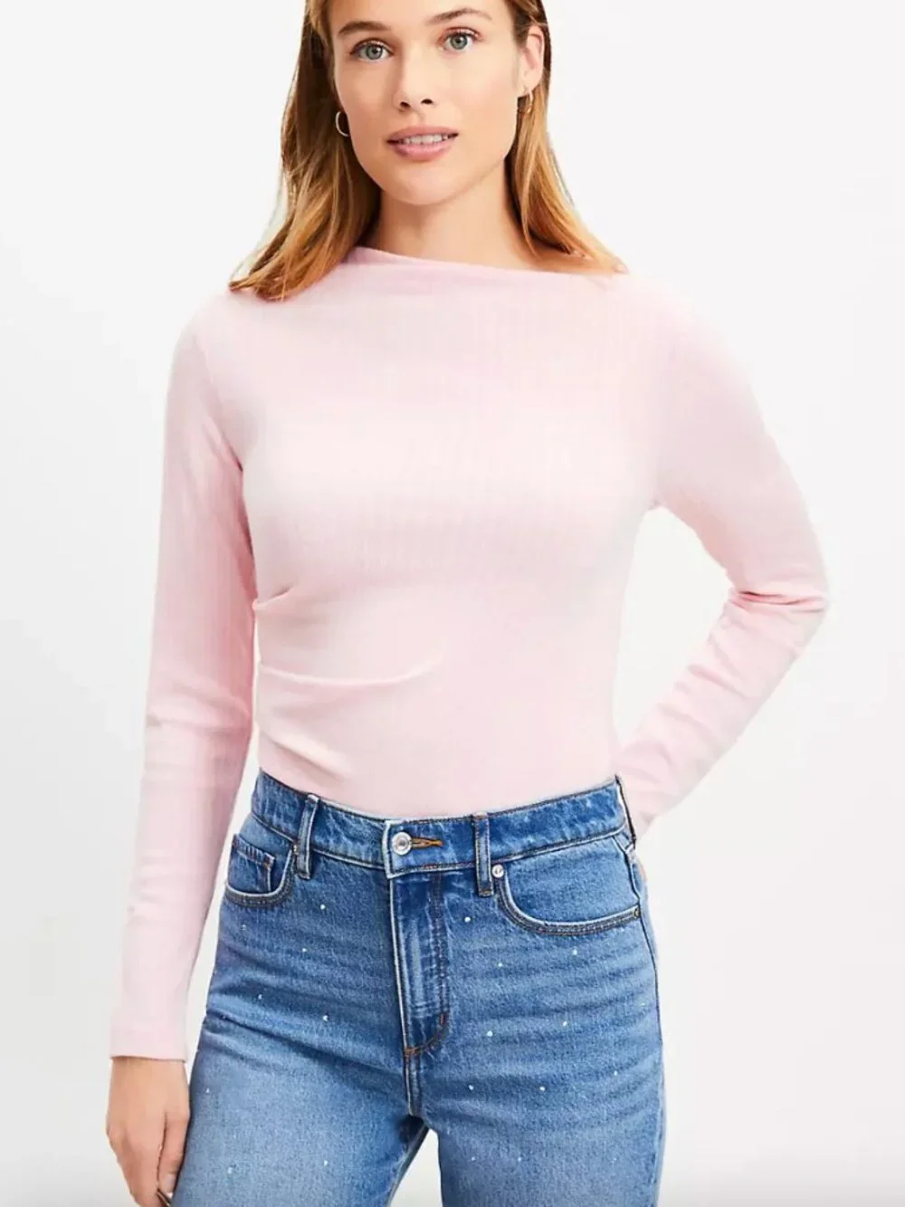 LOFT Cozy Ribbed Asymmetric Neck Top Pink Salt Size Large